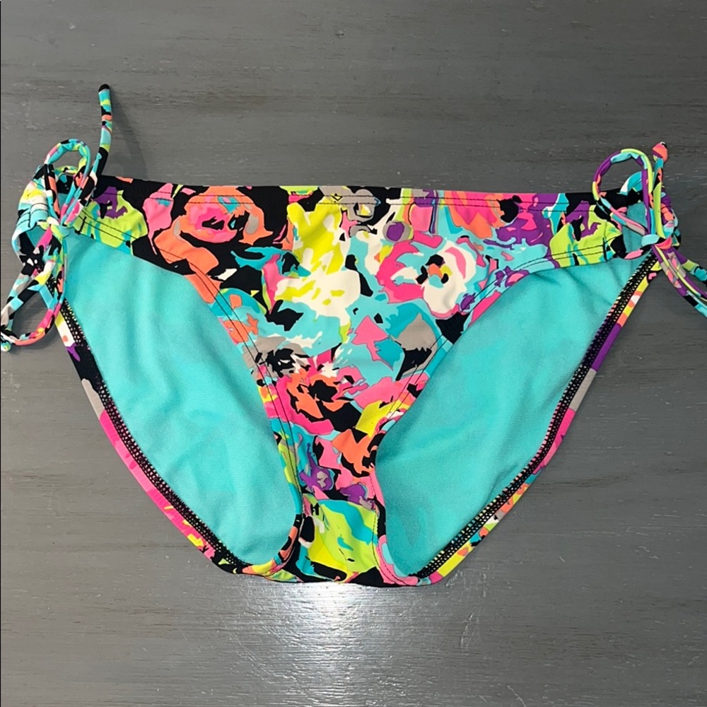 Kenneth Cole Swim Suit Bottom Side Tie Teal Floral Hipster Bikini Bottom szS EUC